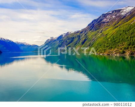 Above idyllic Geiranger fjord dramatic landscape, Norway 98011012