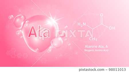 Water drop Important amino acid Alanine and structural chemical formula. Proline on a pink background. Medical and scientific concepts. 3D Vector Illustration. Water drop Important amino acid Alanine and structural chemical formula. Proline on a pink background. Medical and scientific concepts. 3D Vector Illustration. 98011013