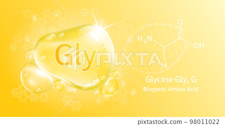 Water drop Important amino acid Glycine and structural chemical formula. Proline on a yellow background. Water drop Important amino acid Glycine and structural chemical formula. Proline on a yellow background. 98011022
