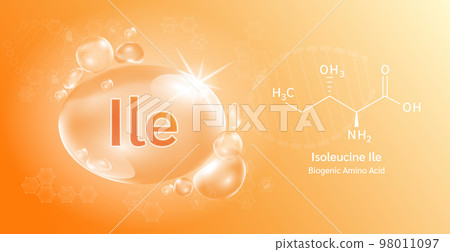Water drop Important amino acid Isoleucine and structural chemical formula. Proline on a orange background. Medical and scientific concepts. 3D Vector Illustration. Water drop Important amino acid Isoleucine and structural chemical formula. Proline on a orange background. Medical and scientific concepts. 3D Vector Illustration. 98011097