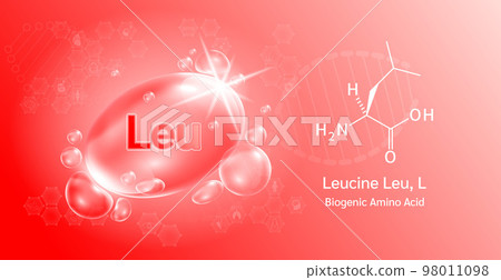 Water drop Important amino acid Leucine and structural chemical formula. Proline on a red background. Medical and scientific concepts. 3D Vector Illustration. Water drop Important amino acid Leucine and structural chemical formula. Proline on a red background. Medical and scientific concepts. 3D Vector Illustration. 98011098