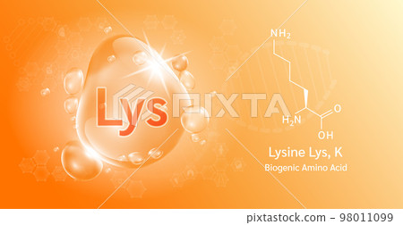Water drop Important amino acid Lysine and structural chemical formula. Proline on a orange background.  98011099