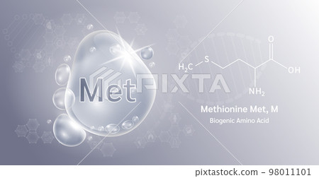 Water drop Important amino acid Methionine and structural chemical formula. Proline on a grey background. Medical and scientific concepts. Water drop Important amino acid Methionine and structural chemical formula. Proline on a grey background. Medical and scientific concepts. 98011101
