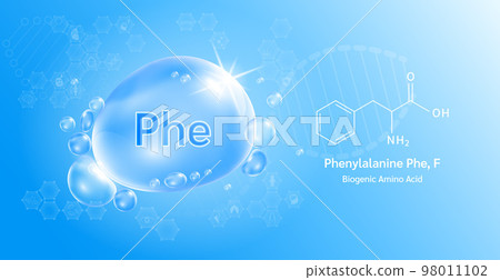 Water drop Important amino acid Phenylalanine and structural chemical formula. Proline on a blue background. Medical and scientific concepts. Water drop Important amino acid Phenylalanine and structural chemical formula. Proline on a blue background. Medical and scientific concepts. 98011102