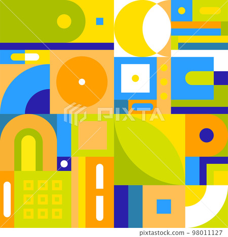 Vector geometric pattern. Bauhaus style. Mosaic from simple basic forms. Eco colours palette. Minimalistic template. 98011127