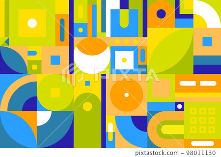 Geometric pattern. Bauhaus style. Basic forms. Green, blue and yellow colours. Minimalistic template. 98011130