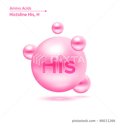 Histidine His amino acid capsules vitamins complex minerals. 3D Model of molecule pink isolated on white background. For food supplement ad package design. Science medic concept. Vector EPS10. 98011266
