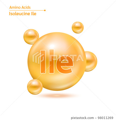 Isoleucine Ile amino acid capsules vitamins complex minerals. 3D Model of molecule orange isolated on white background. For food supplement ad package design. Science medic concept.  98011269