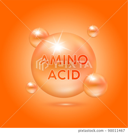 Amino acid capsules vitamins complex, minerals on orange background vector. Dietary supplement for pharmacy advertisement, vitamins package design. Science medic concept. 98011467