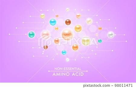 Non essential Amino acid for the body. Capsules vitamins minerals complex on pink background. Dietary supplement for pharmacy clinic ad banner design. Science medic concept. 3D Vector EPS10. 98011471