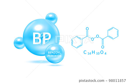 Benzoyl Peroxide blue and structure. Vitamin complex helps dissolve clogged acne reduce inflammation of acne. Medical concept. Beauty treatment nutrition skin care design. 3D Vector EPS10. 98011857