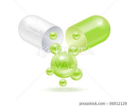 Valine amino acid float out of the capsule. Vitamins complex and minerals green isolated on white background. For food supplement ad package design. Science medic concept. 3D Vector EPS10. 98012129