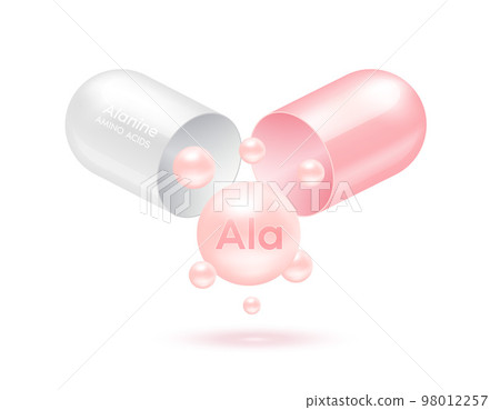 Alanine amino acid float out of the capsule. Vitamins complex and minerals pink isolated on white background. For food supplement ad package design. Alanine amino acid float out of the capsule. Vitamins complex and minerals pink isolated on white background. For food supplement ad package design. 98012257