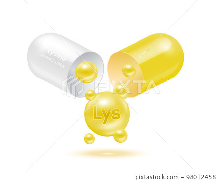 Lysine amino acid float out of the capsule. Vitamins complex and minerals yellow isolated on white background. For food supplement ad package design. Science medic concept. 3D Vector EPS10. Lysine amino acid float out of the capsule. Vitamins complex and minerals yellow isolated on white background. For food supplement ad package design. Science medic concept. 3D Vector EPS10. 98012458