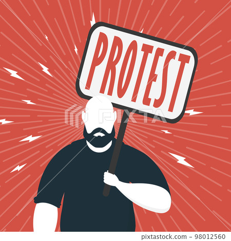 Protest concept. A man holds an empty banner in his hands. Red banner. Rally or protest concept. Cartoon style. 98012560
