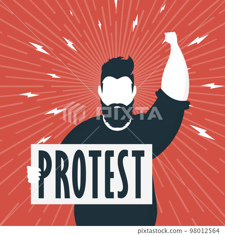 Protest concept. A man with an empty banner in his hands. Red banner. Rally or protest concept. Vector illustration. Protest concept. A man with an empty banner in his hands. Red banner. Rally or protest concept. Vector illustration. 98012564
