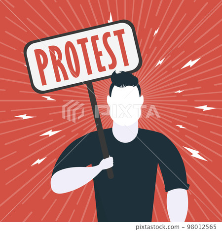 Protest concept. A man with an empty banner in his hands. Red banner. Rally or protest concept. Cartoon style. Protest concept. A man with an empty banner in his hands. Red banner. Rally or protest concept. Cartoon style. 98012565