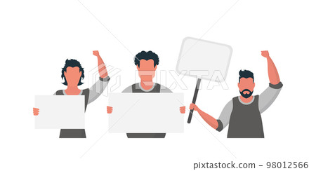 A group of men are holding an empty banner in their hands. With space for your text. Rally or protest concept. Vector illustration. A group of men are holding an empty banner in their hands. With space for your text. Rally or protest concept. Vector illustration. 98012566