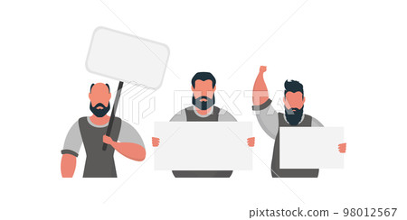 A group of men are holding an empty banner in their hands. With space for your text. Rally or protest concept. Cartoon style. A group of men are holding an empty banner in their hands. With space for your text. Rally or protest concept. Cartoon style. 98012567