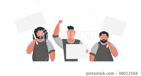 A group of men with an empty banner in their hands. With space for your text. Rally or protest concept. Cartoon style, vector illustration. A group of men with an empty banner in their hands. With space for your text. Rally or protest concept. Cartoon style, vector illustration. 98012568