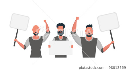 A group of men with an empty banner in their hands. With space for your text. Rally or protest concept. Vector illustration. A group of men with an empty banner in their hands. With space for your text. Rally or protest concept. Vector illustration. 98012569
