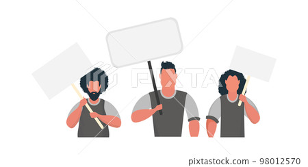 A group of men with an empty banner in their hands. With space for your text. Rally or protest concept. Cartoon style. A group of men with an empty banner in their hands. With space for your text. Rally or protest concept. Cartoon style. 98012570