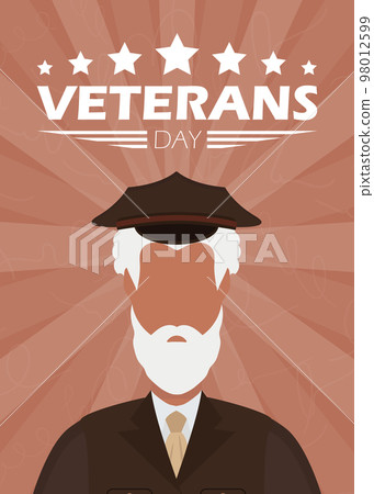 Veterans day banner. An elderly veteran in military uniform. Cartoon style, vector illustration. 98012599
