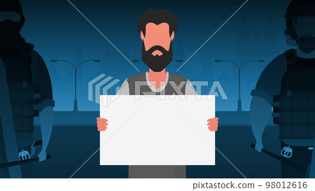 A man with an empty banner in his hands against the backdrop of the city. Protest concept. Cartoon style. 98012616