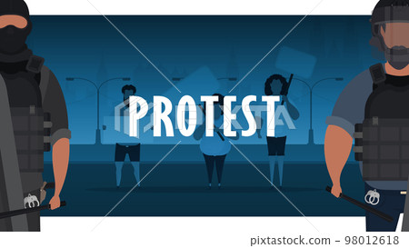 Police against the protest. A group of men with a banner in their hands against the backdrop of the city. Cartoon style. 98012618