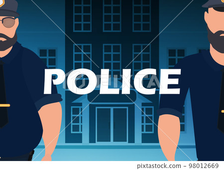 A police officer in a bulletproof vest in front of a police station. Square banner. Cartoon style. A police officer in a bulletproof vest in front of a police station. Square banner. Cartoon style. 98012669