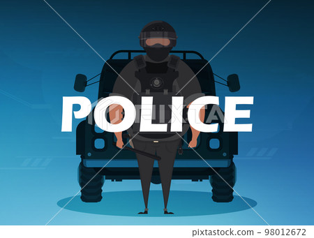 A policeman in a bulletproof vest and a mask in front of a car. Square banner. Vector illustration. A policeman in a bulletproof vest and a mask in front of a car. Square banner. Vector illustration. 98012672