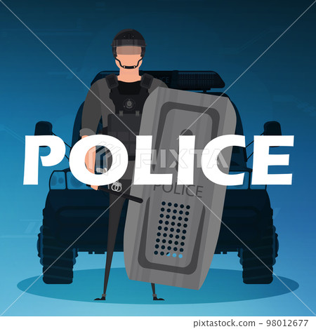 A policeman in a bulletproof vest in front of a car. Square poster. Vector illustration. 98012677