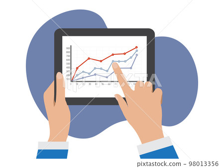 Man holds a tablet and looks at the screen. Mobile development. Innovational online businesses. Internet technologies. Trendy design. Geometry. Fashionable vibrant colors. Using a device. Man holds a tablet and looks at the screen. Mobile development. Innovational online businesses. Internet technologies. Trendy design. Geometry. Fashionable vibrant colors. Using a device. 98013356