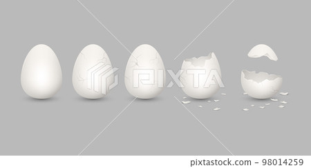 Broken easter egg. White 3d shell. Break or open chicken eggshell, half and whole, animal or bird, fresh poultry farm diet natural product. Isolated elements. Vector realistic illustration Broken easter egg. White 3d shell. Break or open chicken eggshell, half and whole, animal or bird, fresh poultry farm diet natural product. Isolated elements. Vector realistic illustration 98014259
