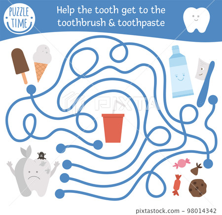 Dental care maze for children. Preschool medical activity. Funny puzzle game with cute characters. Help ill tooth get to the toothbrush and toothpaste. Mouth hygiene labyrinth 98014342