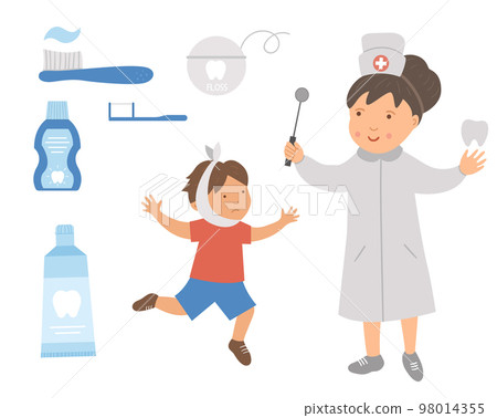 Dentist and ill kid patient vector illustration. Cute teeth doctor and dental care tools for kids. Mouth hygiene picture for children. Tooth treatment concept 98014355