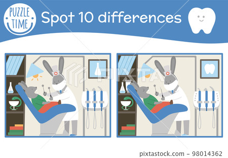 Tooth care find differences game for children. Mouth hygiene preschool activity with cute dentist and patient. Dental clinic puzzle with cute funny smiling characters for kids. 98014362