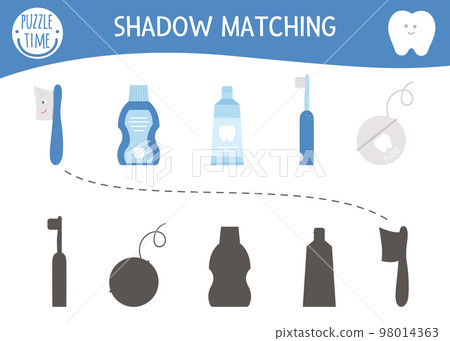 Shadow matching activity for children with dental care equipment. Mouth hygiene preschool puzzle. Cute educational worksheet. Find the correct silhouette game with toothpaste, floss, toothbrush. 98014363