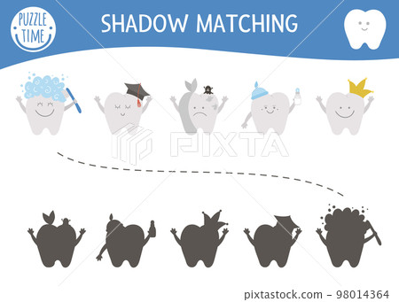 dental care shadow matching activity for children with cute teeth. Mouth hygiene preschool worksheet. Find the correct silhouette game with kawaii tooth. 98014364