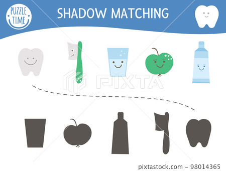 Shadow matching activity for children with cute dental care equipment. Mouth hygiene preschool worksheet. Find the correct silhouette game with kawaii tooth, toothpaste, apple, toothbrush. 98014365
