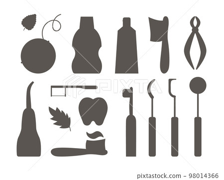 Tooth care tools vector silhouettes set. Collection of elements for cleaning teeth. Dentistry equipment isolated on white background. Toothpaste, brush, floss illustration. Dentist shadow icons pack 98014366