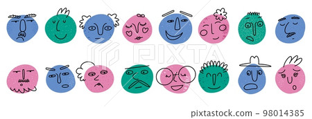 Smile face characters, colorful happy family. Abstract doodle expression avatars, people round portrait with comic fun eyes, noses and mouth. Doodle style cvector cartoon illustration 98014385