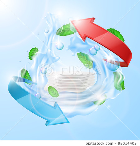 Clean utensil. Washing plates. Pile dishes in water. Kitchen food service. Splashes and leaves. Restaurant dinner. Dishwasher foam bubbles and arrows. Dinner dishware. Vector 3D mockup 98014402