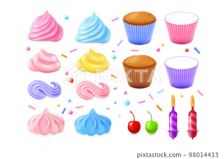 3d cupcake, muffin constructor kit, cake cups. Birthday paper, food candy, sweet cherry and chocolate, icing candy. Realistic confectionery set. Vector realistic isolated illustration 3d cupcake, muffin constructor kit, cake cups. Birthday paper, food candy, sweet cherry and chocolate, icing candy. Realistic confectionery set. Vector realistic isolated illustration 98014413