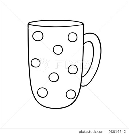 Coffee mug line icon. Black and whitetea cup vector illustration. Linear art polka dot crockery isolated on white background. Doodle style kitchen crockery Coffee mug line icon. Black and whitetea cup vector illustration. Linear art polka dot crockery isolated on white background. Doodle style kitchen crockery 98014542