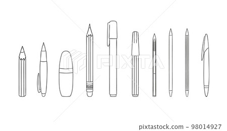 Set of pen and pencil line icons. Vector colored stationery, writing materials, office or school supplies isolated on white background. Cartoon style 98014927