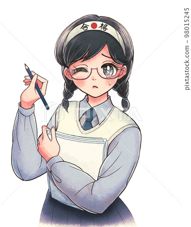 一個戴著頭帶努力學習的學生，復古女孩卡通風格 98015245