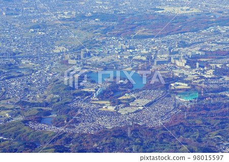 Above Sakai City, Osaka Prefecture (taken from inside the plane) 98015597