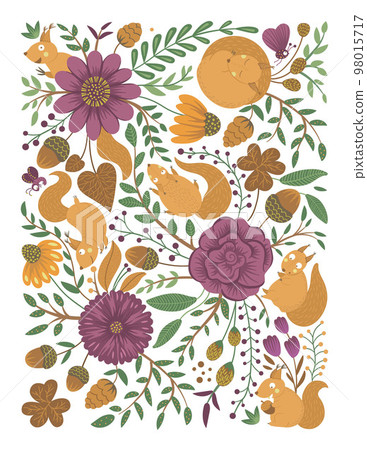 Vector ornate background with cute woodland animals, leaves, flowers, insects. Funny forest scene with squirrels. Bright flat vertical illustration for children. Picture book, hide and seek activity 98015717