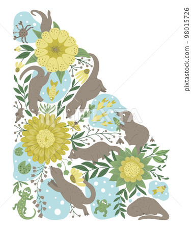 Vector ornate background with cute woodland animals, leaves, flowers, insects. Funny forest scene with otters. Bright flat vertical illustration for children. Picture book, hide and seek activity game Vector ornate background with cute woodland animals, leaves, flowers, insects. Funny forest scene with otters. Bright flat vertical illustration for children. Picture book, hide and seek activity game 98015726